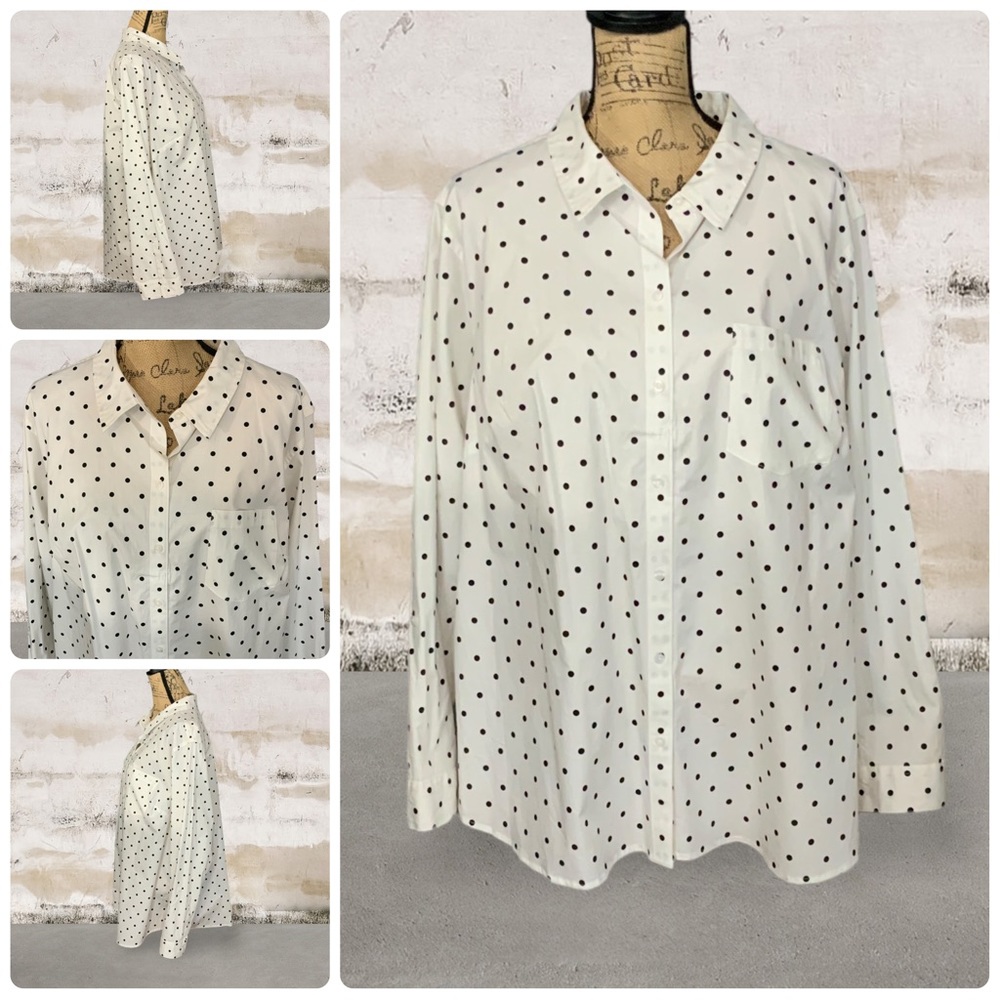 NWT Croft & Barrow Polka Dot Button Down Shirt Long Sleeve black white 3X